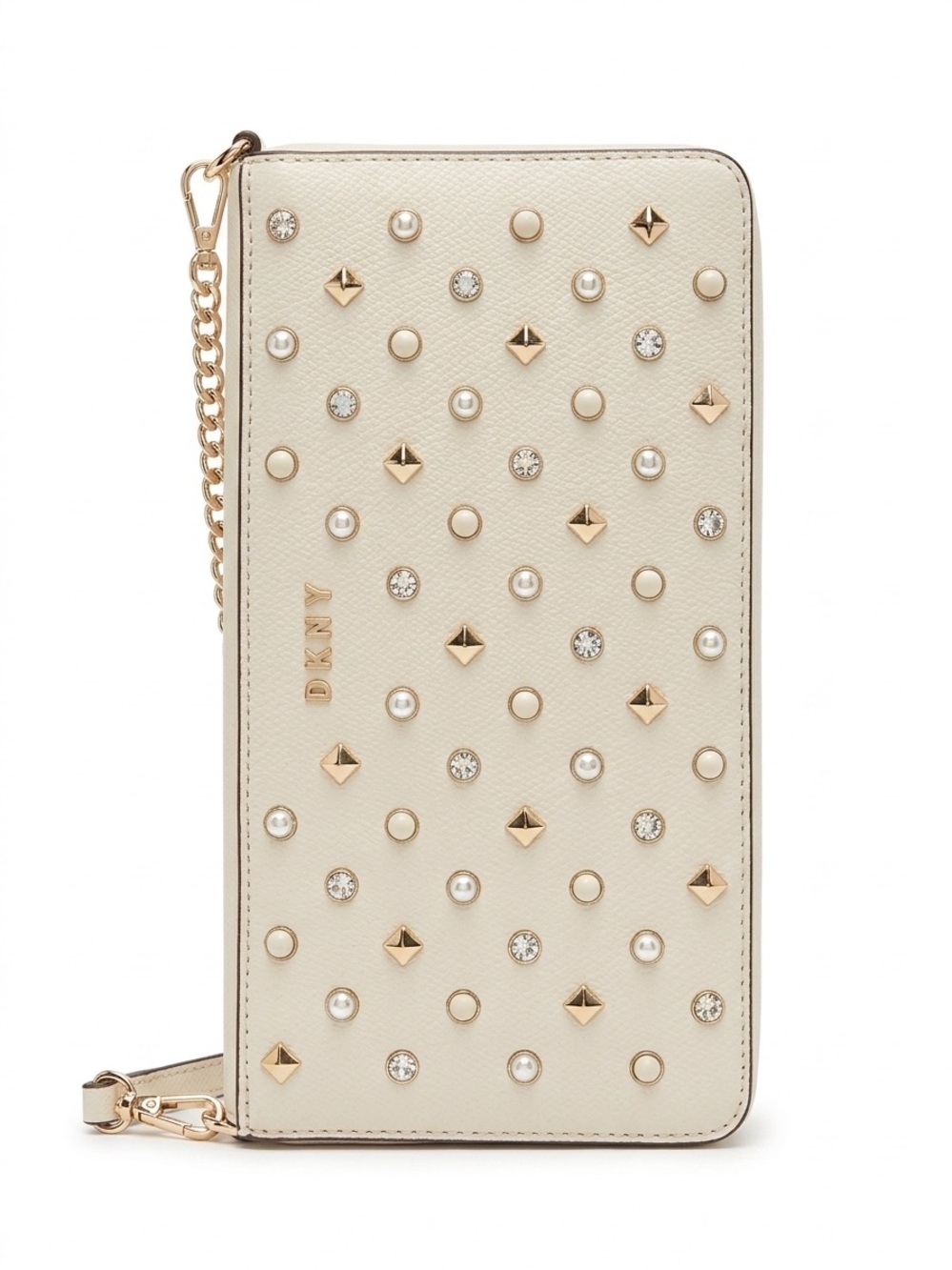 Rare DKNY Cream Studded Leather Wristlet with Gold Chain